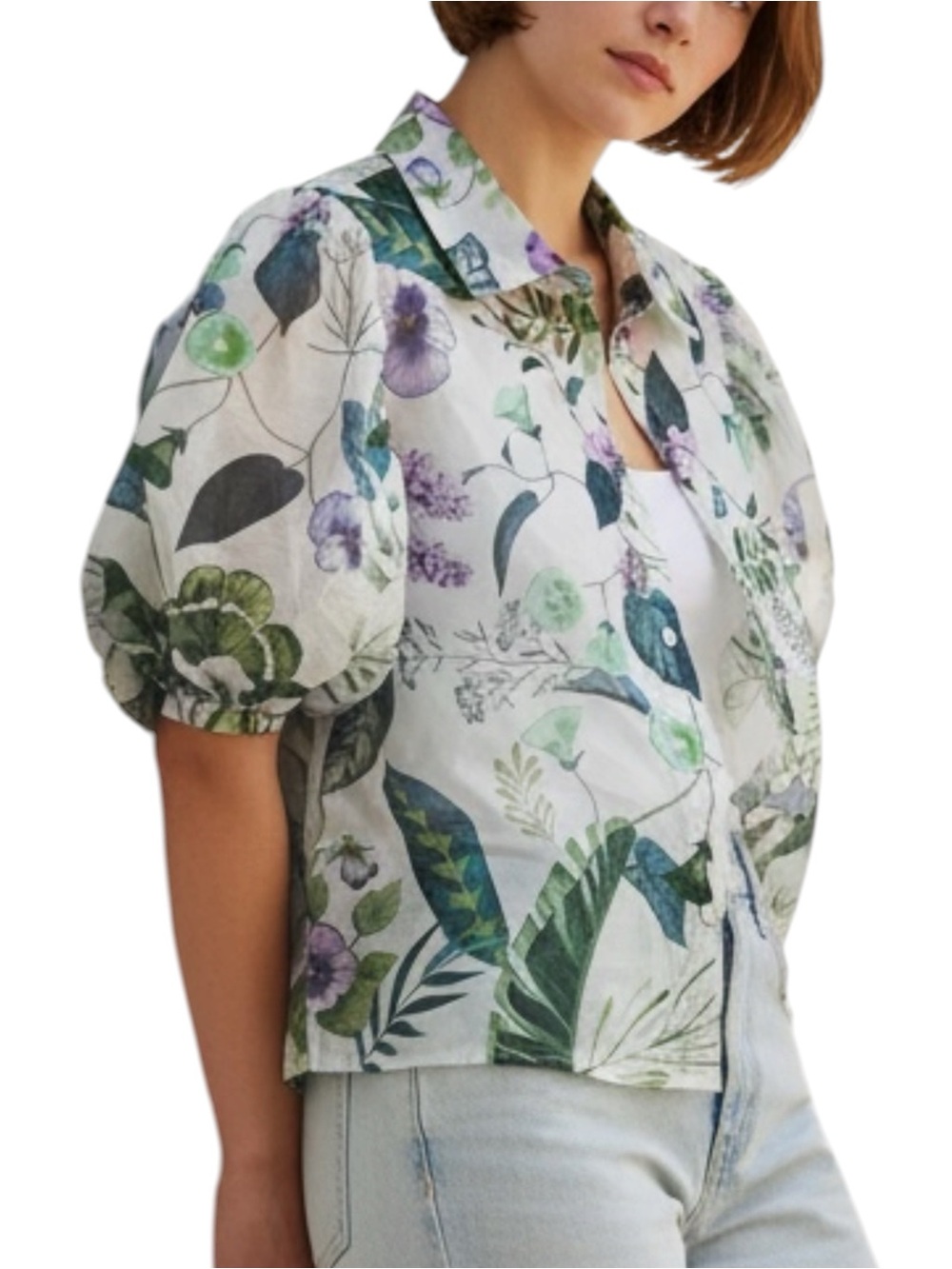 Lucky & Coco White Organza Floral Button-up Blouse w/ Puffy Sleeves - Medium